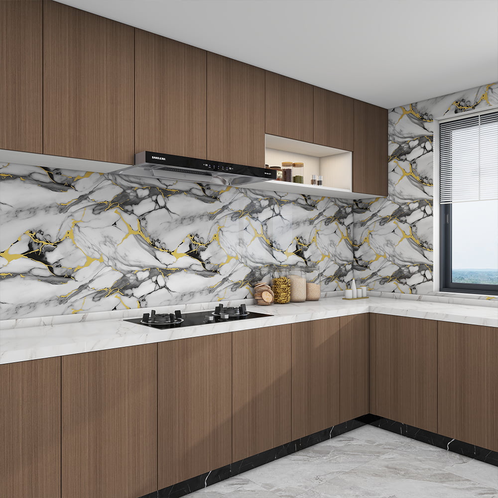 Wallpaper Marmer Mengkilap Tinggi Modern Gulungan PVC Perekat Diri Tahan Air Dekorasi Rumah Interior Stiker Lembaran Marmer