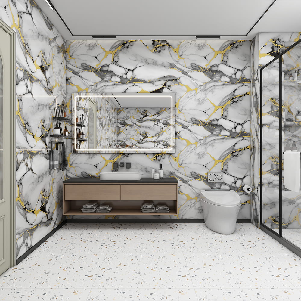 Wallpaper Marmer Mengkilap Tinggi Modern Gulungan PVC Perekat Diri Tahan Air Dekorasi Rumah Interior Stiker Lembaran Marmer